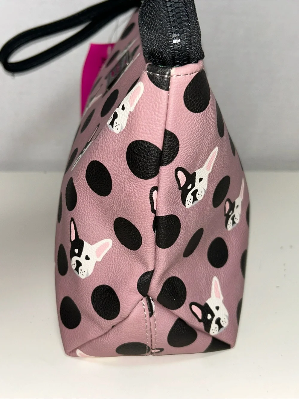 New Betsey Johnson Puppy Bulldog Zip Wristlet Cosmetic Bag HAS FLAWS